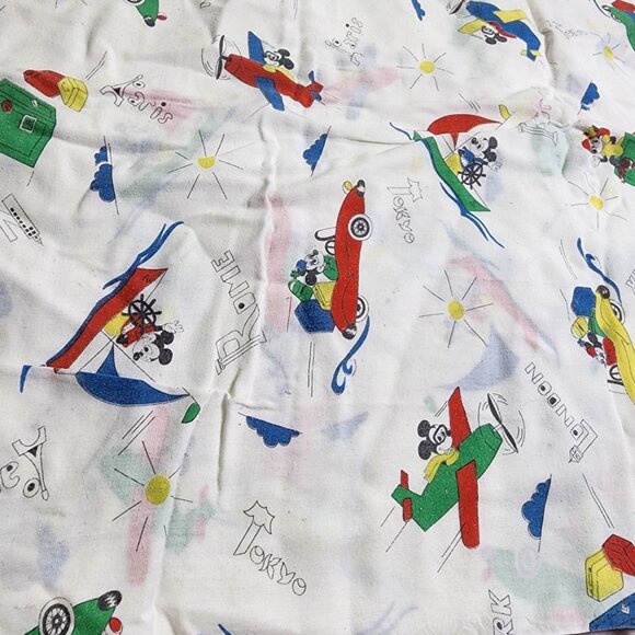 Vintage Walt Disney Productions Mickey Mouse Airplane Travel Fabric Sheet 44"x40 - Picture 1 of 4